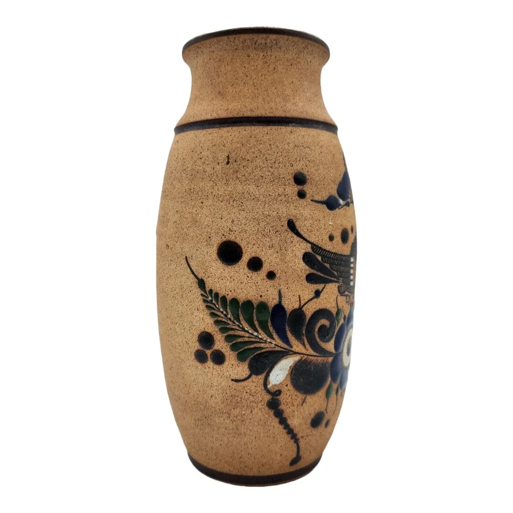 VTG Tonala Mexican Folk Art Pottery Vase Blue Sandstone Floral Bird Signed 9